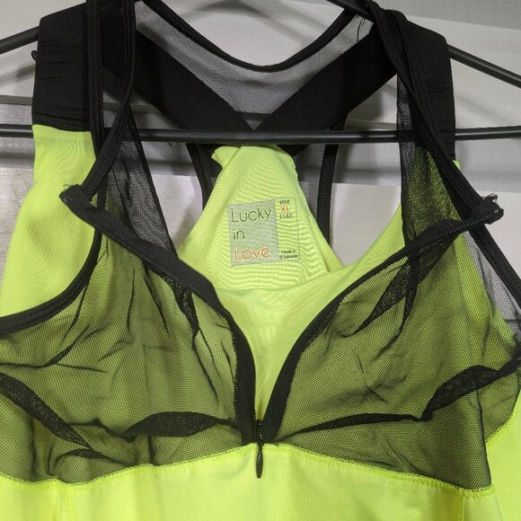 Lucky in Love Women's XL Built in Bra Tank Top Neon Yellow Tennis Mesh Zip black - Picture 2 of 10